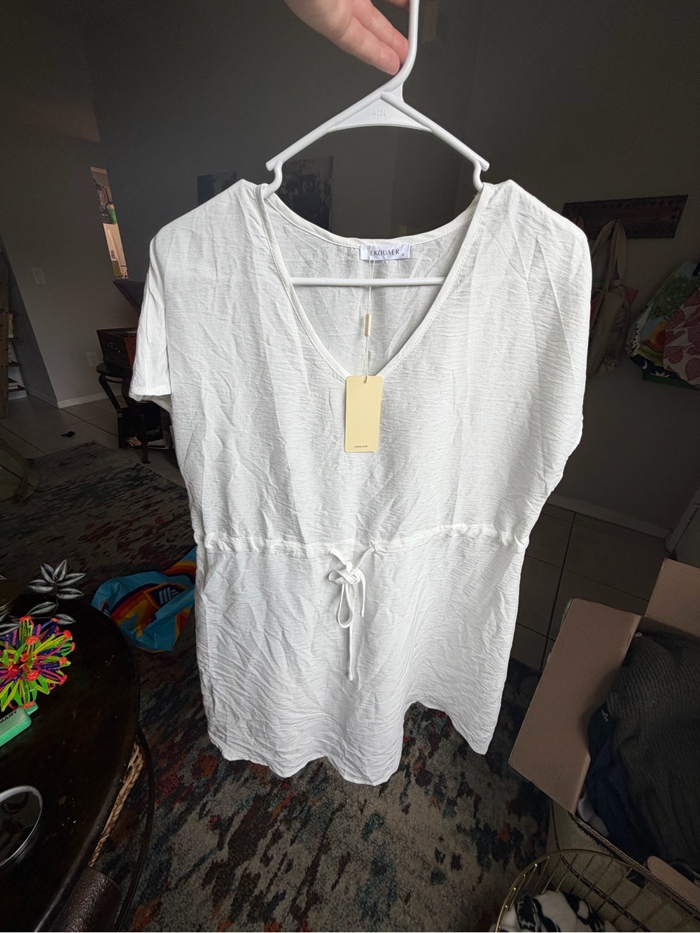 White Short Sleeve Tie-Waist Mini Beach Coverup - Picture 5 of 6